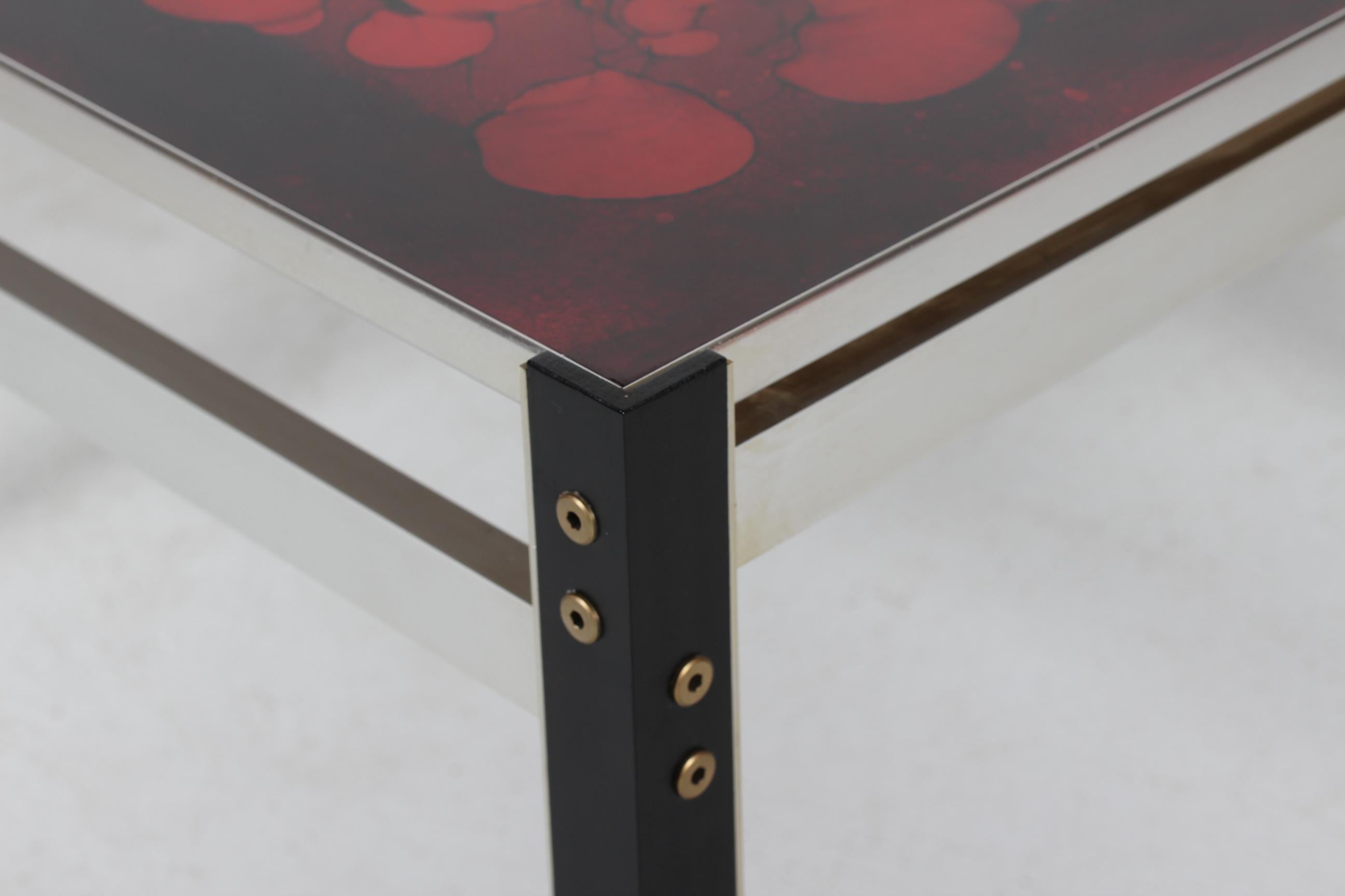 Danish Modern Square Glass Table with Red Decoration and Aluminium Frame, 1970s In Good Condition In Aarhus C, DK