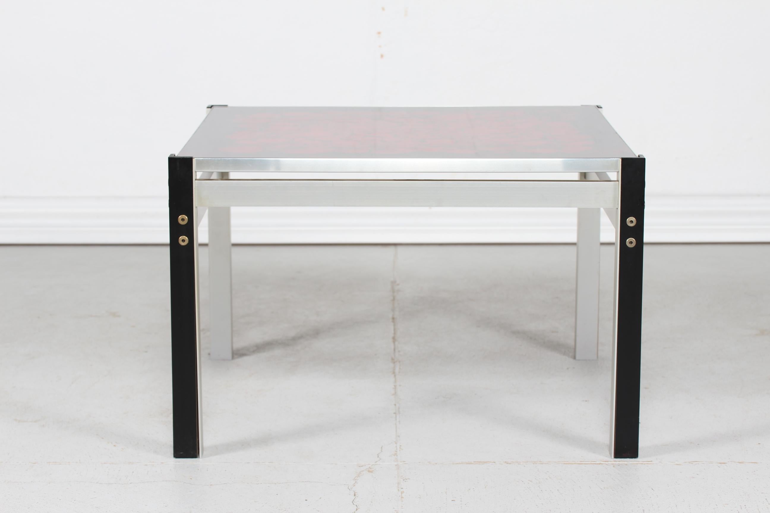 Late 20th Century Danish Modern Square Glass Table with Red Decoration and Aluminium Frame, 1970s