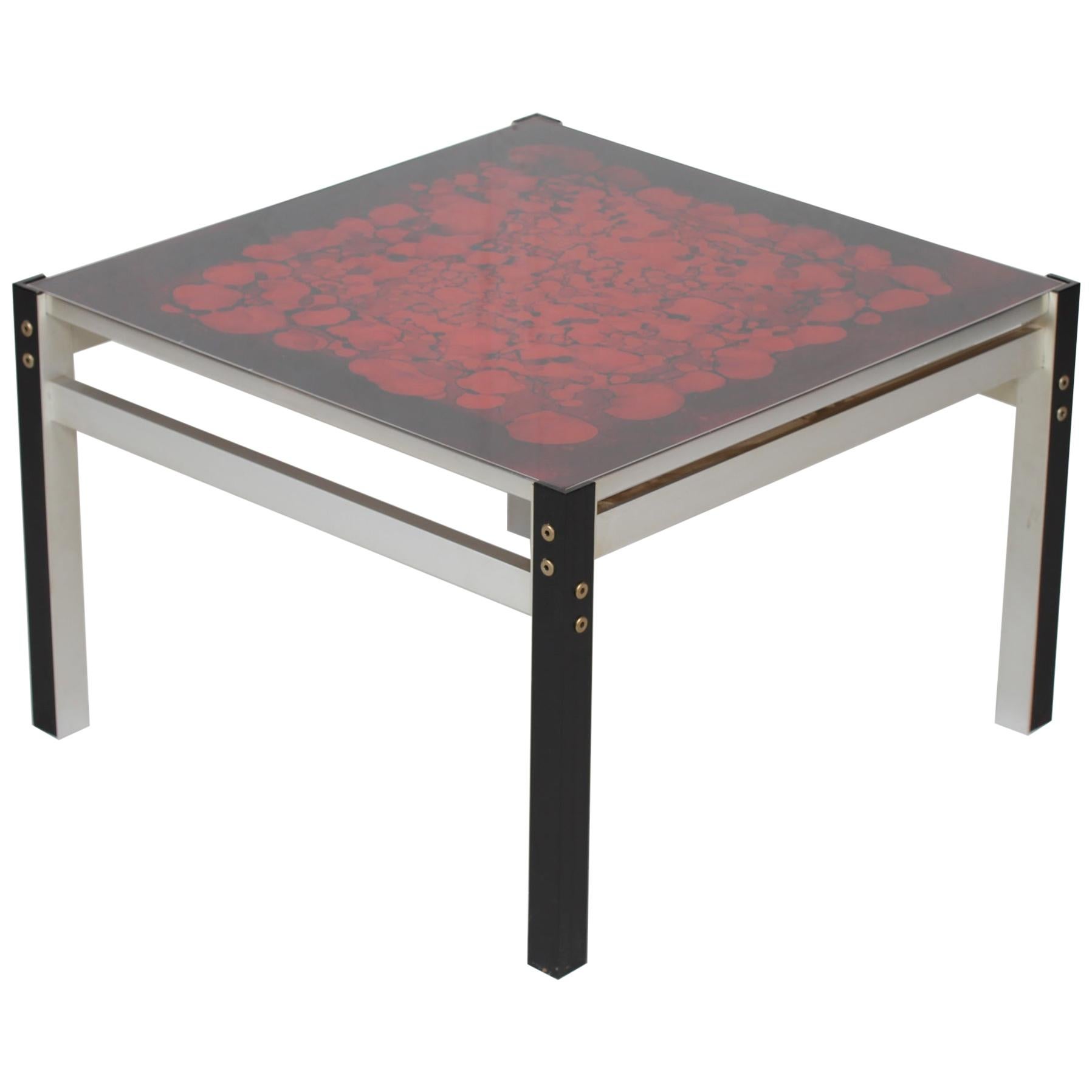Danish Modern Square Glass Table with Red Decoration and Aluminium Frame, 1970s