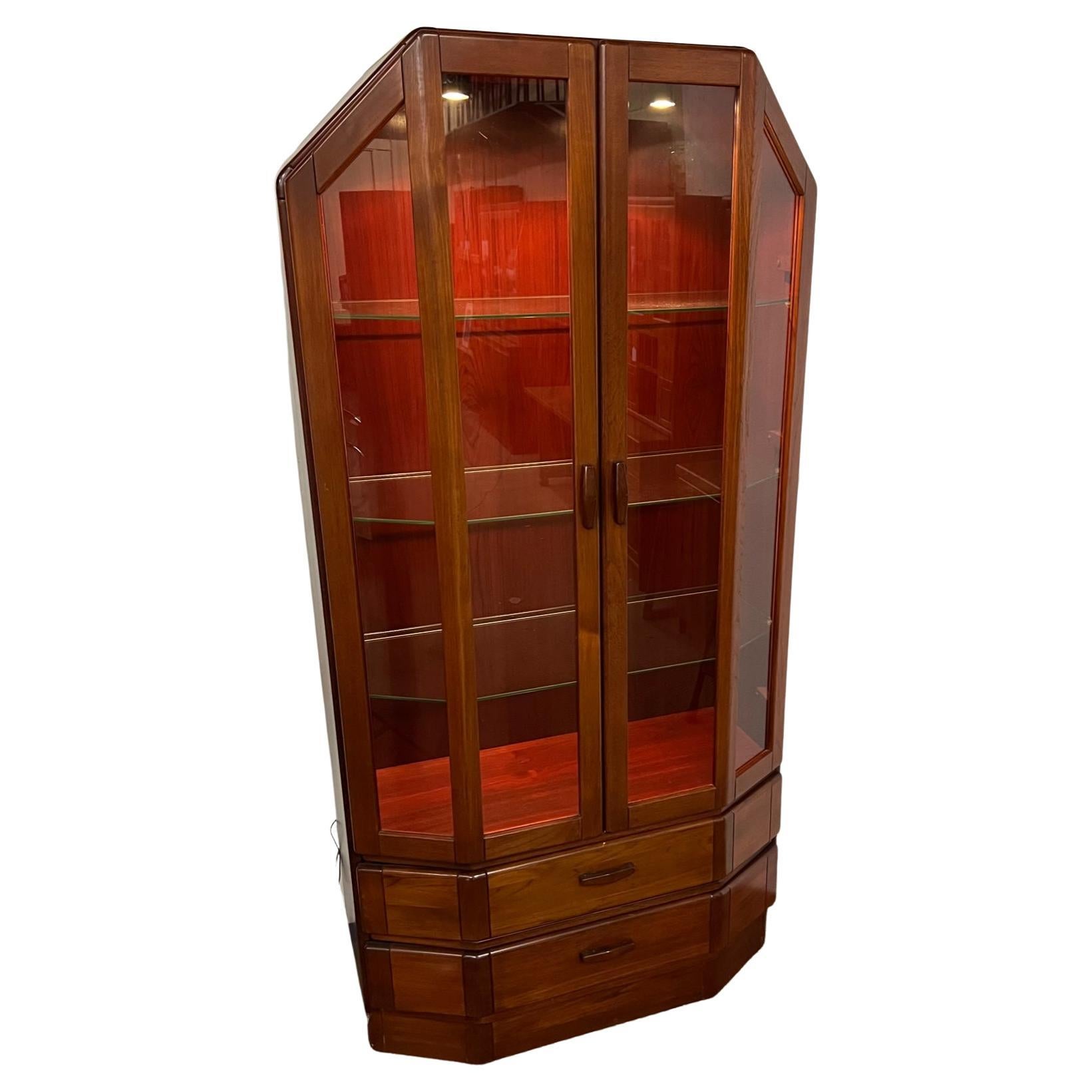 Danish Modern Stained Rosewood Glass Display China Cabinet Bow Front