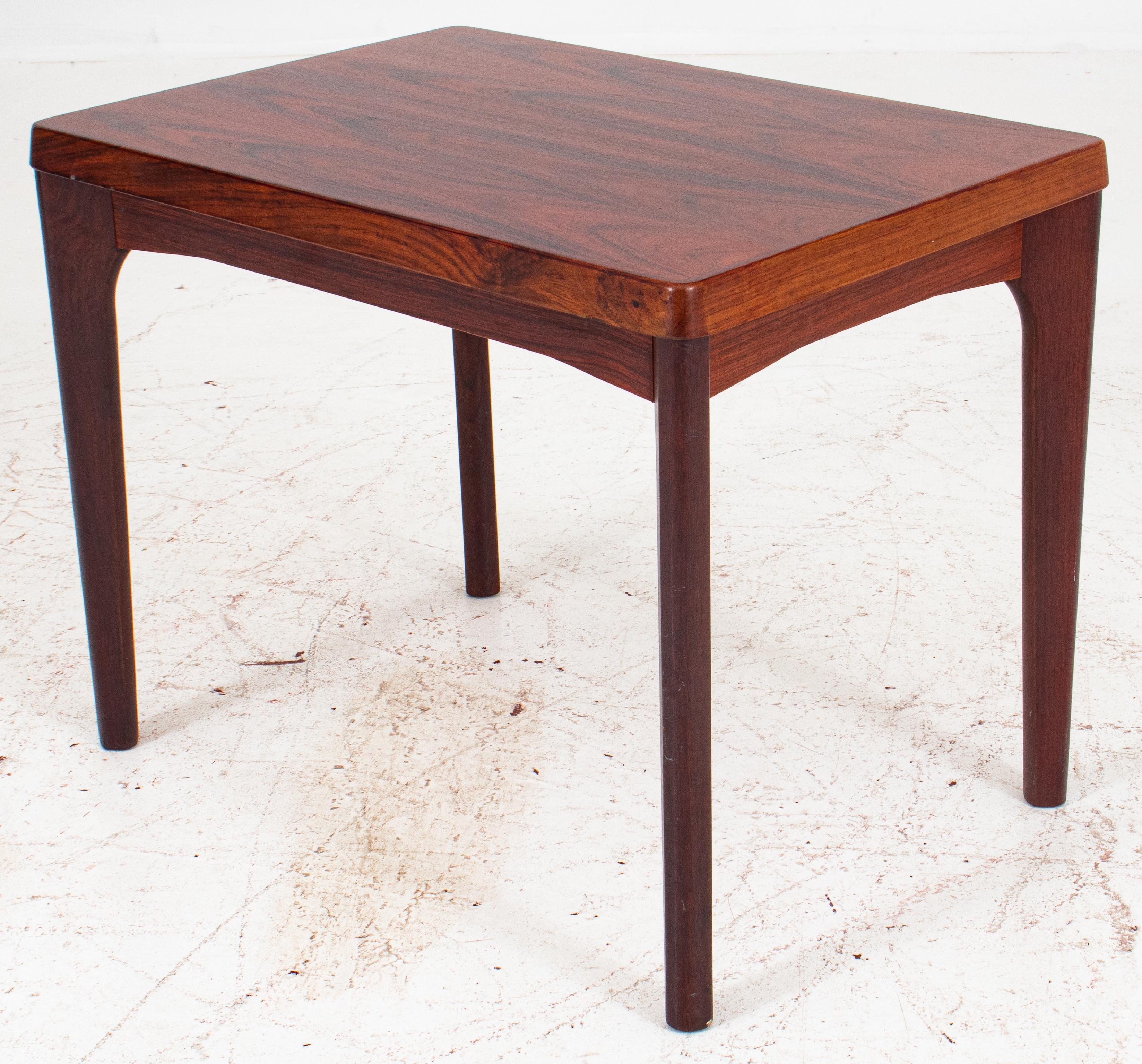 Danish Modern stained walnut side table, rectangular with rounded corners on tapering angled legs, the underside struck 