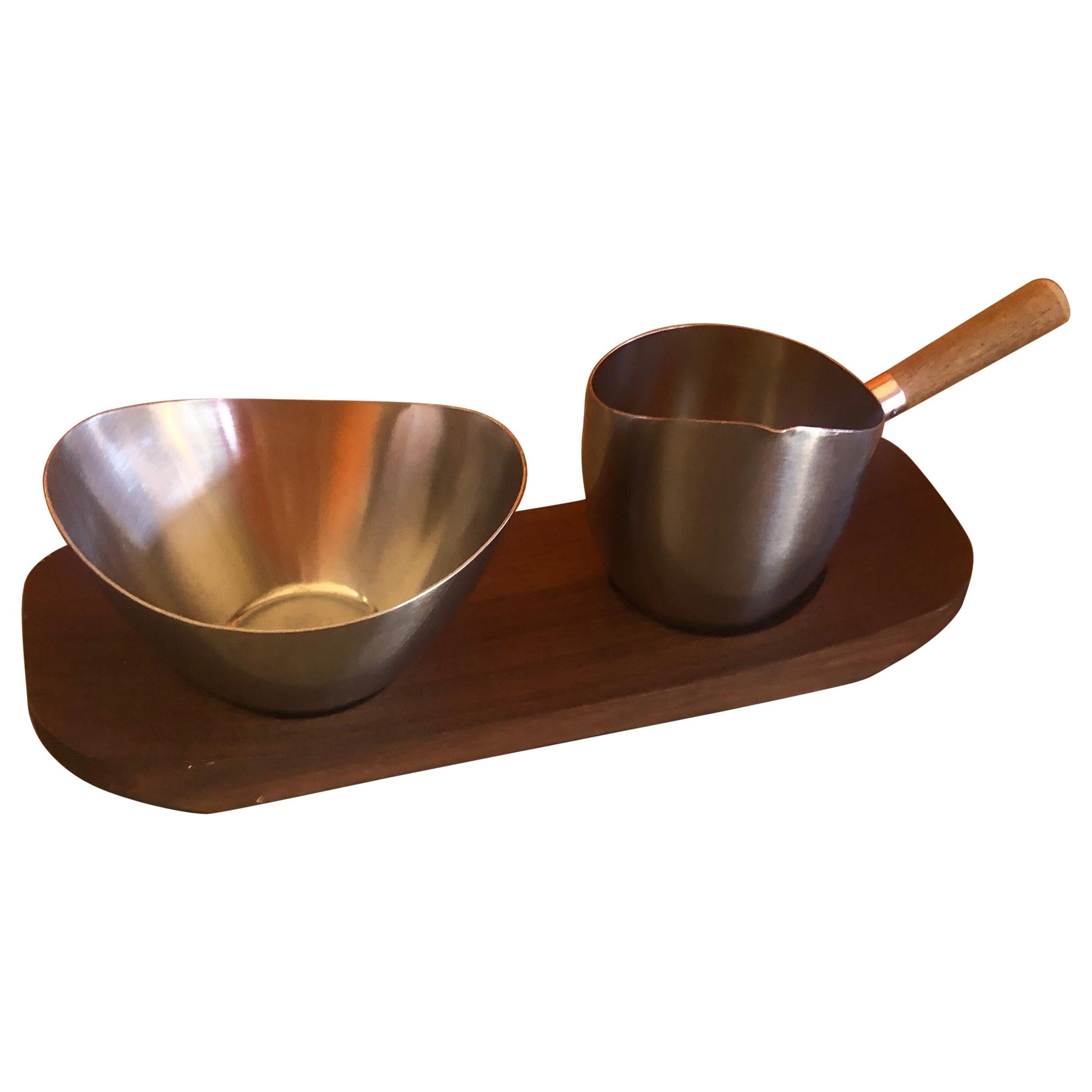 Danish Modern Stainless Steel Cream and Sugar Set on Teak Tray For Sale