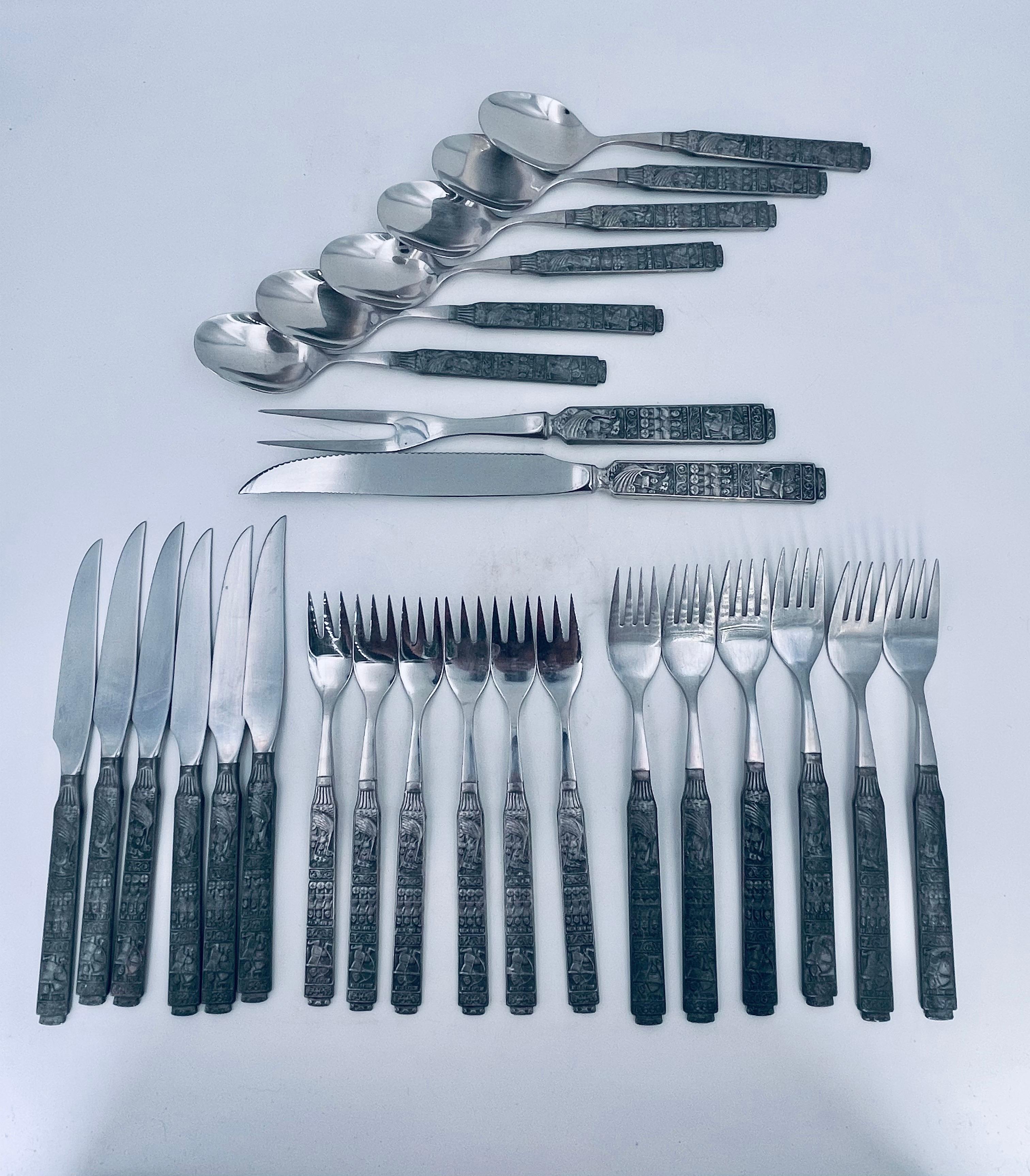 Beautiful and rare new set for six-person flatware set 26 pieces total, with pewter handle original boxes circa 1950s, a very nice and clean condition highly collectible, Beautiful pattern made in Norway.