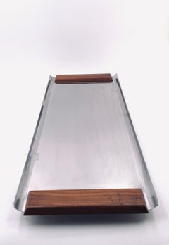 Danish Modern Stainless Steel & Teak Handles Serving Tray