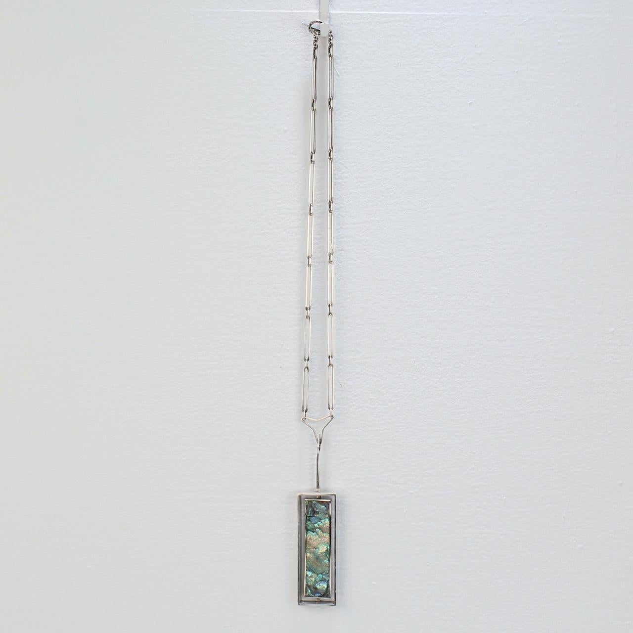Modernist Danish Modern Sterling Silver & Abalone Shell Pendant Necklace by Palle Bisgaard