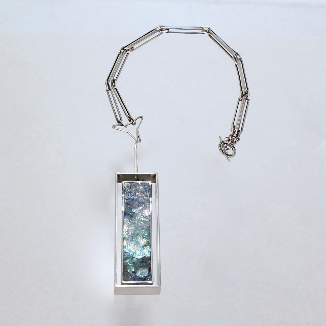 Danish Modern Sterling Silver & Abalone Shell Pendant Necklace by Palle Bisgaard In Good Condition In Philadelphia, PA
