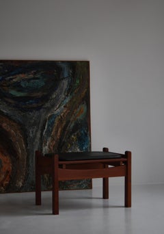 Danish Modern Stool / Sidetable in Teakwood and Black Leather, 1960s
