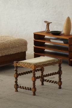 Danish Modern Stool with Upholstered Striped Velvet Seat, 1950s