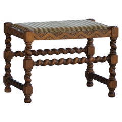 Danish Modern Stool with Upholstered Striped Velvet Seat, 1950s