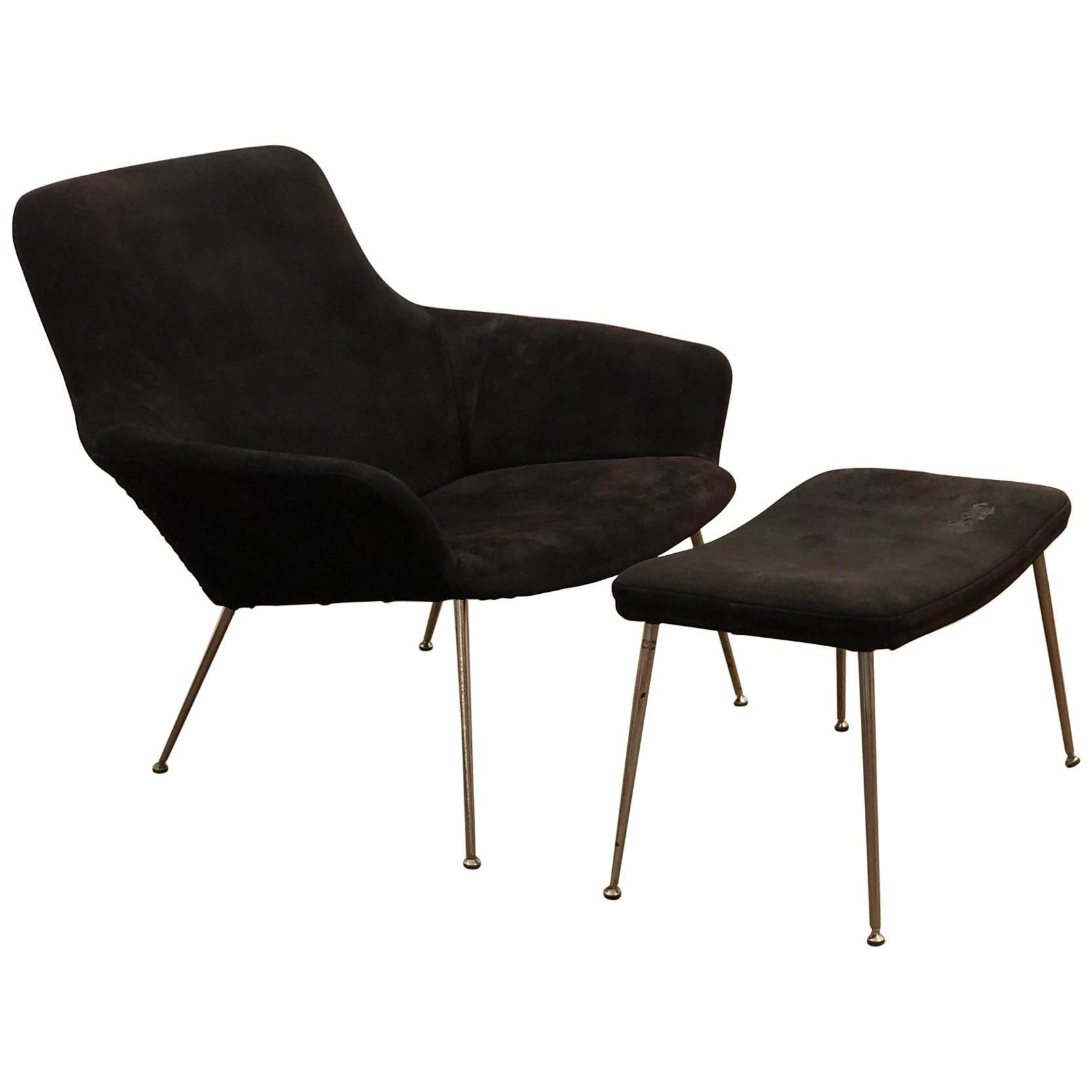 Danish Modern Striking Black Suede and Chrome Legs Lounge Chair and Ottoman