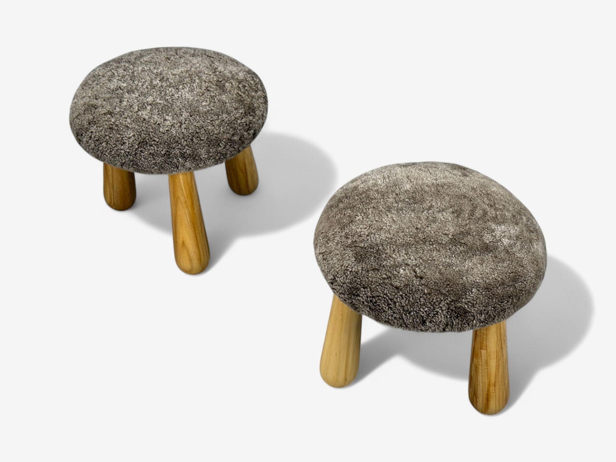 Mid-Century Modern Danish Modern Style, Brown Sheepskin, Maple, Shearling Footstools, 21st c. For Sale