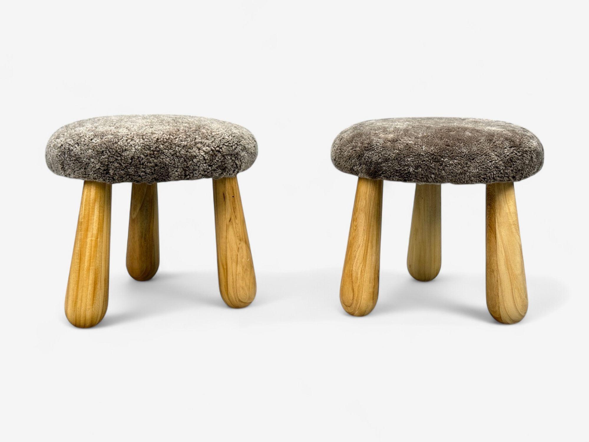 American Danish Modern Style, Brown Sheepskin, Maple, Shearling Footstools, 21st c. For Sale