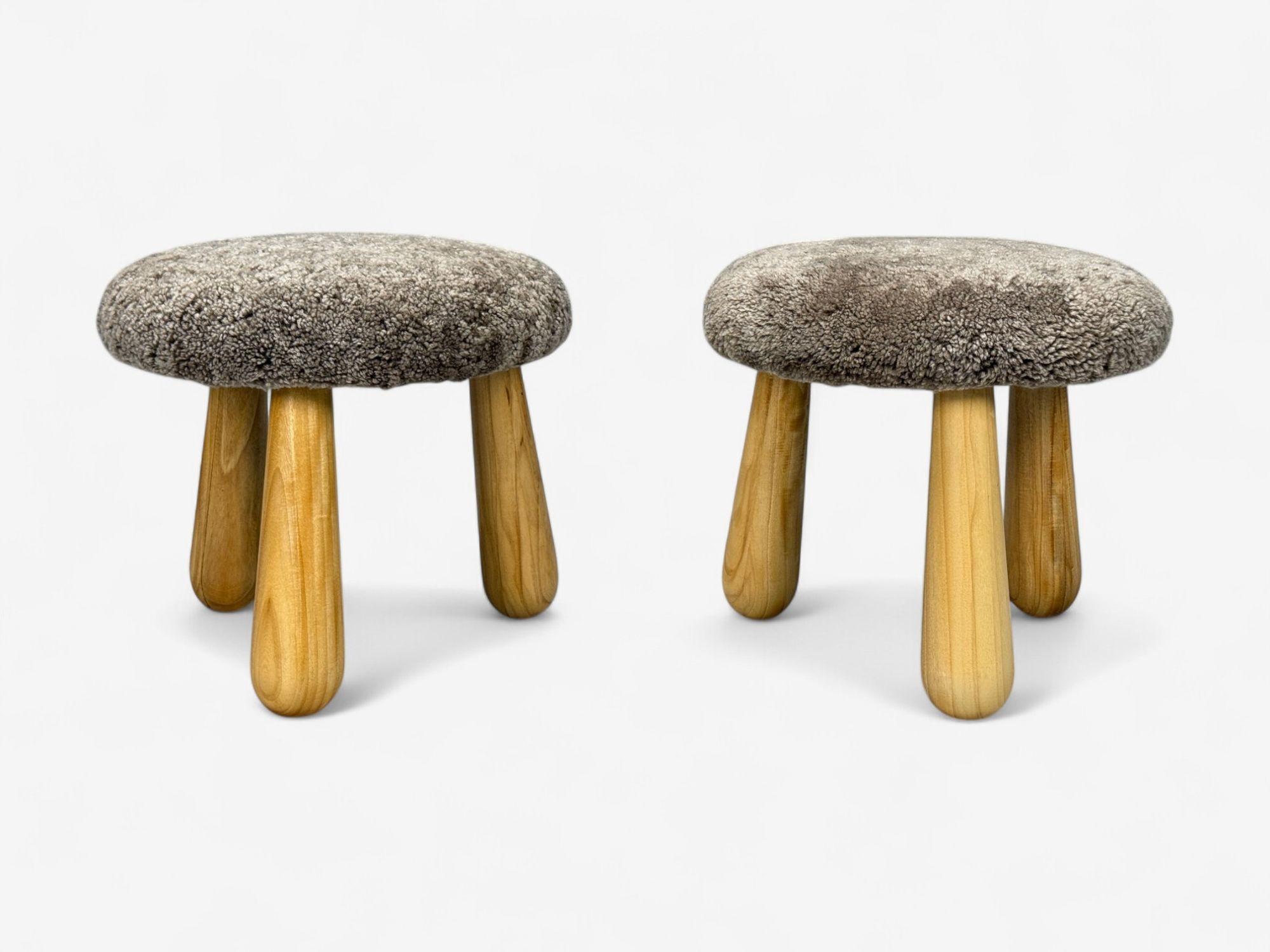 Danish Modern Style, Brown Sheepskin, Maple, Shearling Footstools, 21st c. For Sale 1