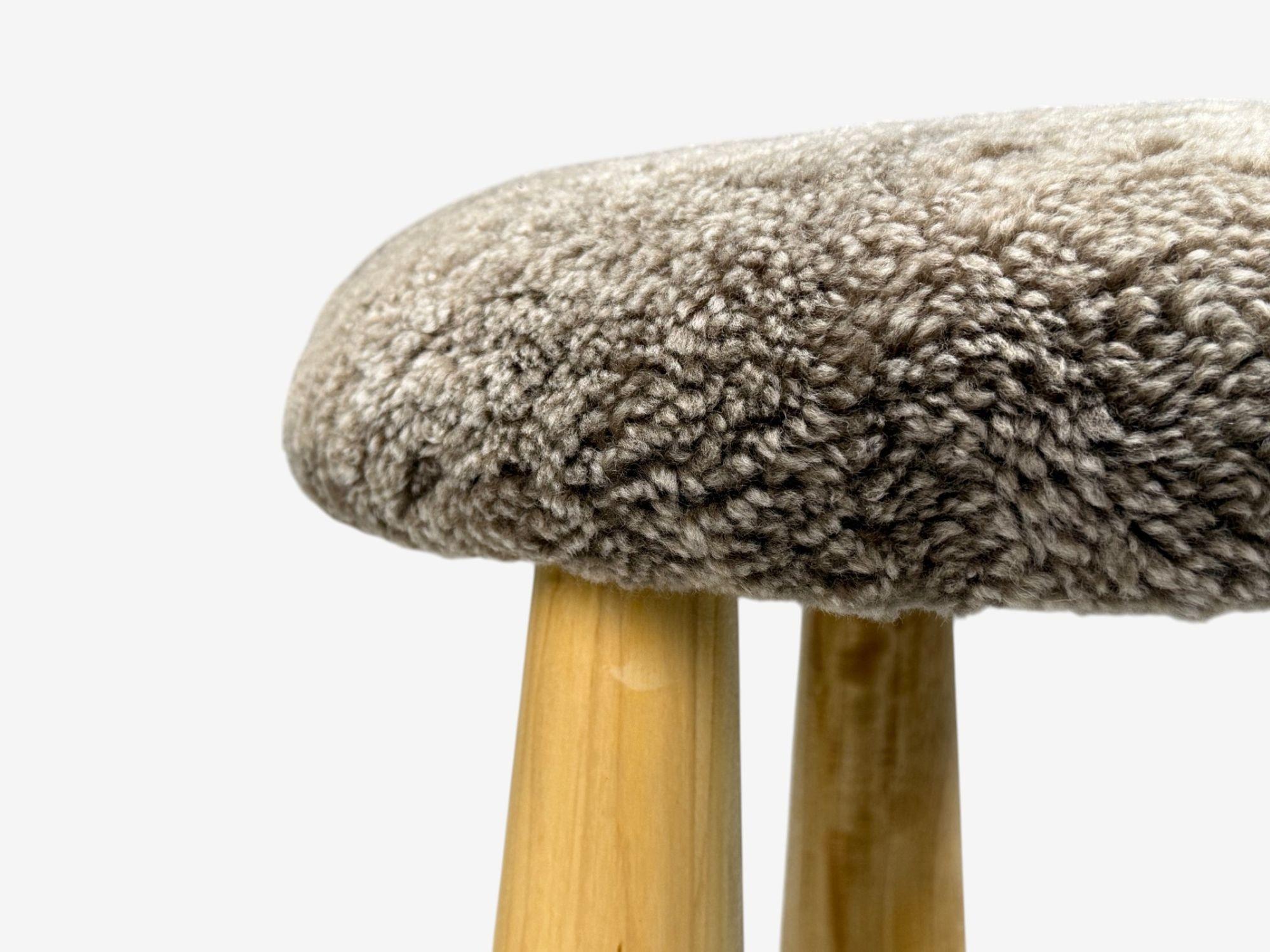 Danish Modern Style, Brown Sheepskin, Maple, Shearling Footstools, 21st c. For Sale 2