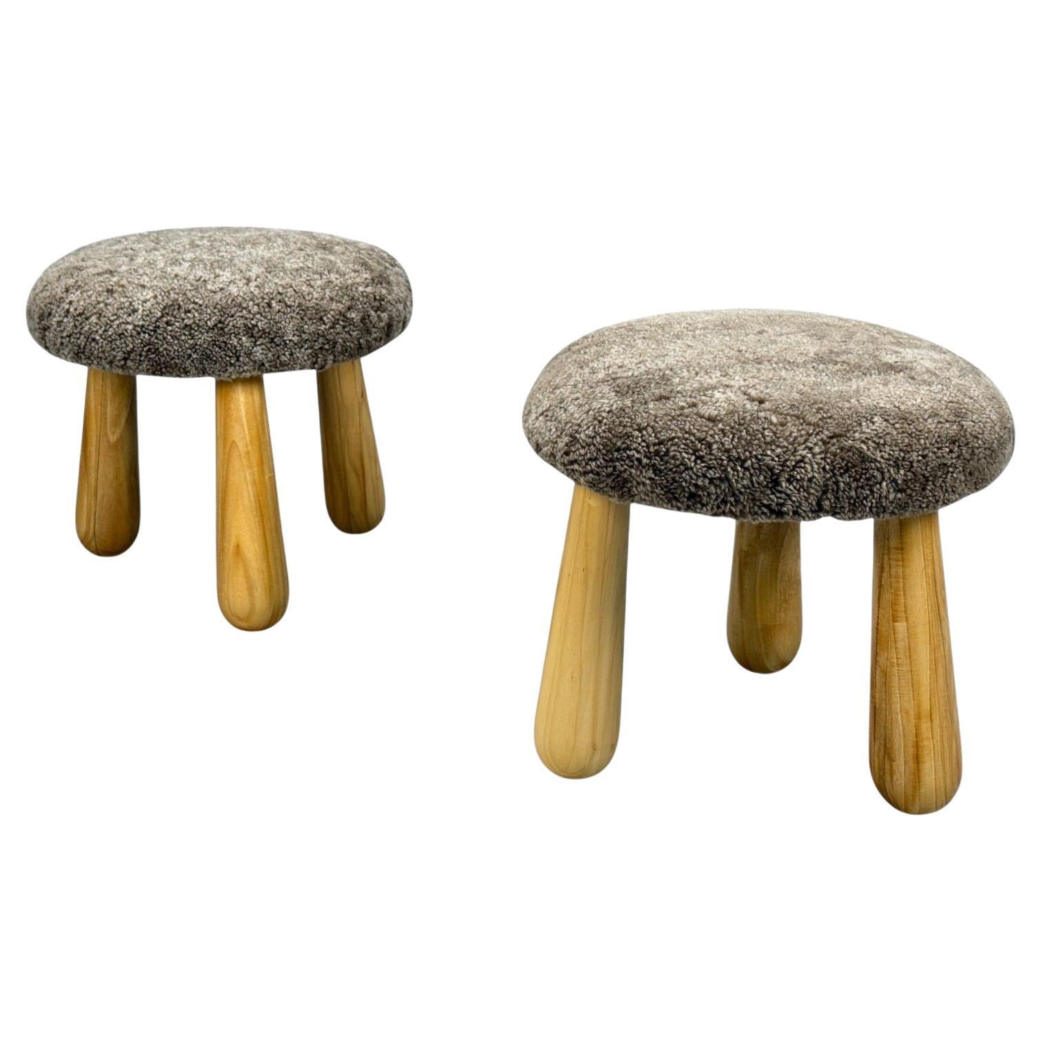 Danish Modern Style, Brown Sheepskin, Maple, Shearling Footstools, 21st c. For Sale