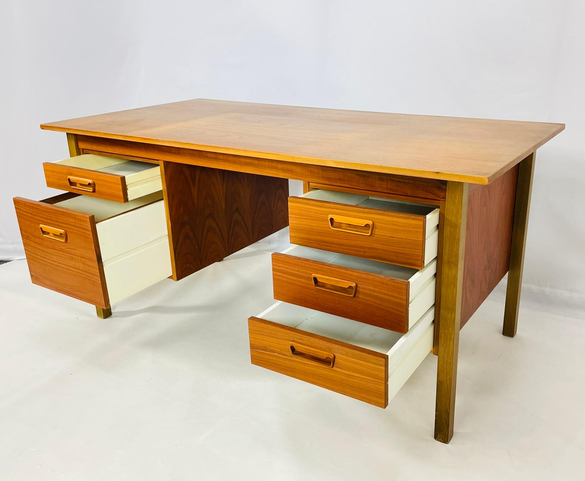 Danish Modern Style Five-Drawer Teak Partners Desk With Built-In Bookshelf For Sale 9