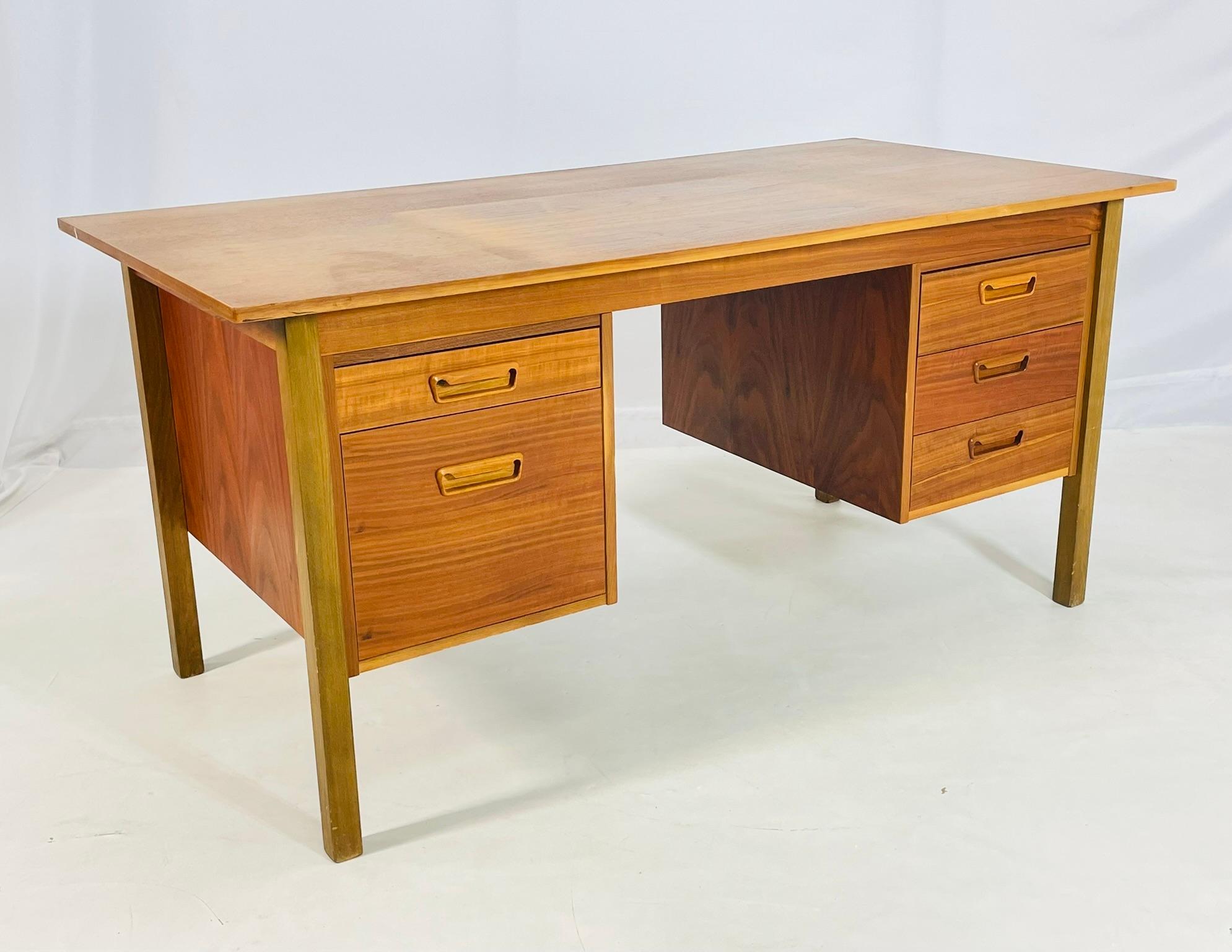 Hand-Crafted Danish Modern Style Five-Drawer Teak Partners Desk With Built-In Bookshelf For Sale