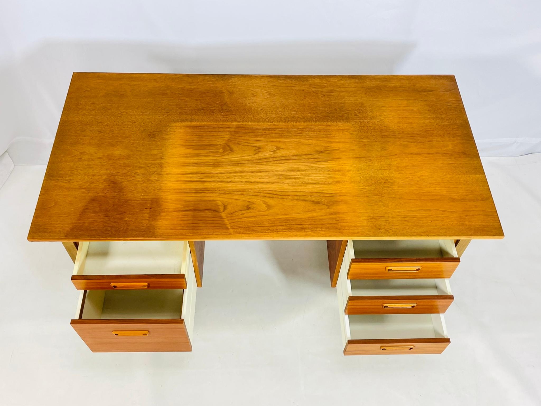 Danish Modern Style Five-Drawer Teak Partners Desk With Built-In Bookshelf For Sale 3