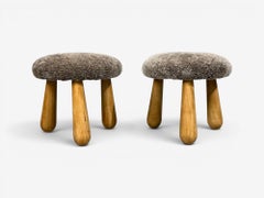 Danish Modern Style, Gray Sheepskin, Maple, Shearling Footstools, 21st c.