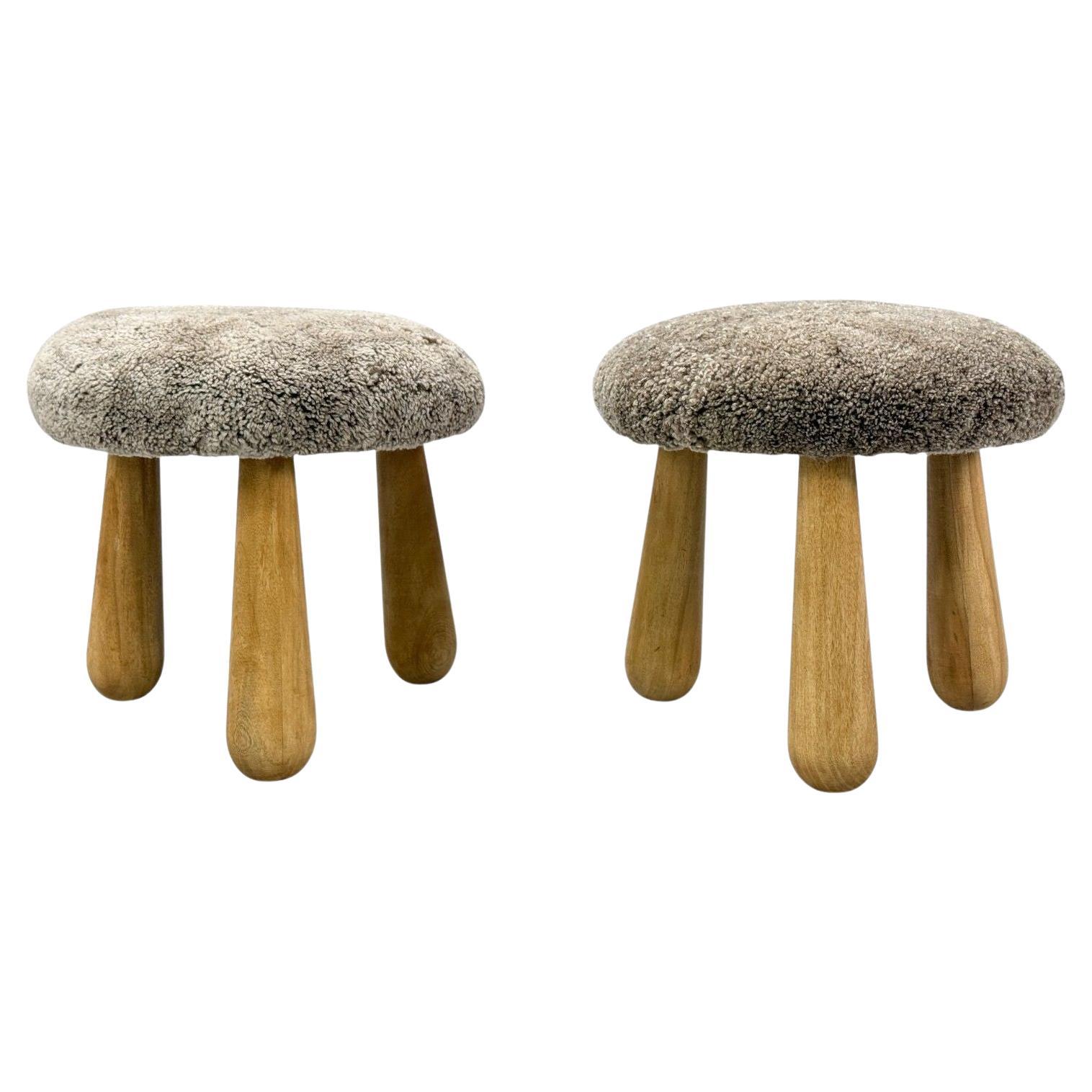 Danish Modern Style, Gray Sheepskin, Maple, Shearling Footstools, 21st c. en vente