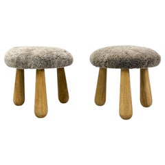 Danish Modern Style, Gray Sheepskin, Maple, Shearling Footstools, 21st c.
