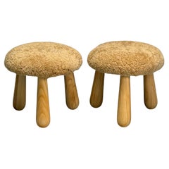 Danish Modern Style, Honey Sheepskin, Maple, Shearling Footstools, 21st C.