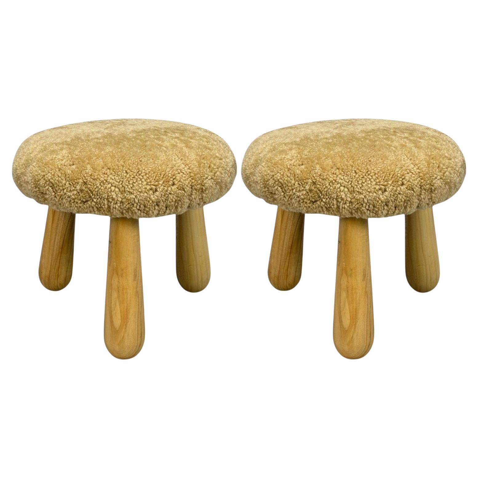 Danish Modern Style, Honey Sheepskin, Maple, Shearling Footstools, 21st C.