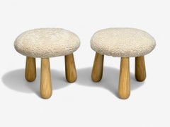 Danish Modern Style, Sheepskin Stools, Beige Shearling, Maple, USA, 21st c.
