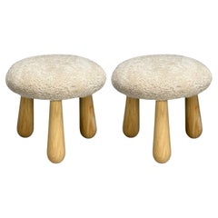 Danish Modern Style, Sheepskin Stools, Beige Shearling, Maple, USA, 21st c.