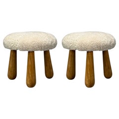 Danish Modern Style, Sheepskin Stools, Beige Shearling, Maple, USA, 21st c.