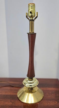 Danish Modern Style Walnut and Brass Faux Bamboo Table Lamp