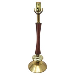 Danish Modern Style Walnut and Brass Faux Bamboo Table Lamp