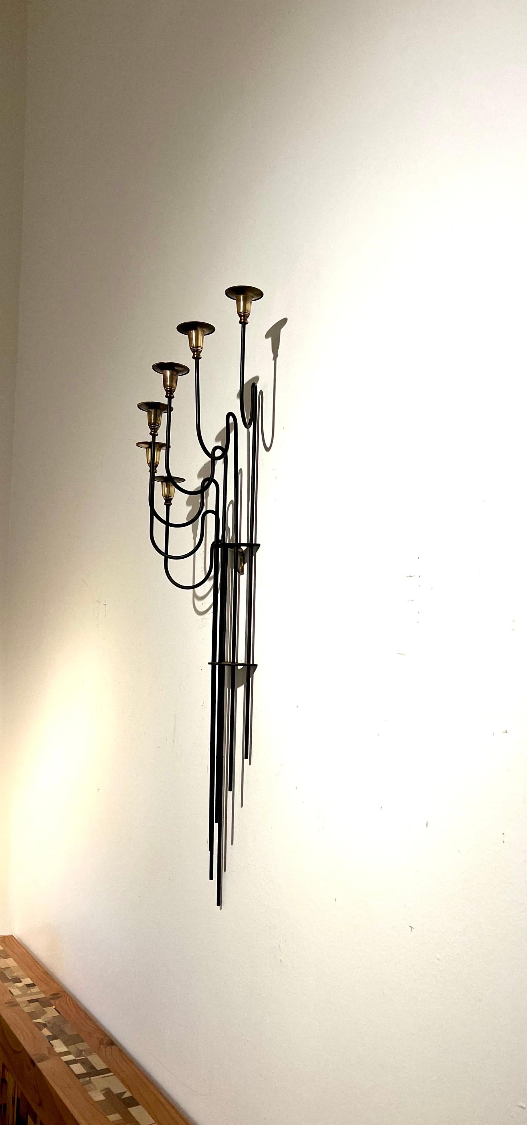 Scandinavian Modern Danish Modern Swedish Tall Wall Brass & Iron Candle Sconce For Sale