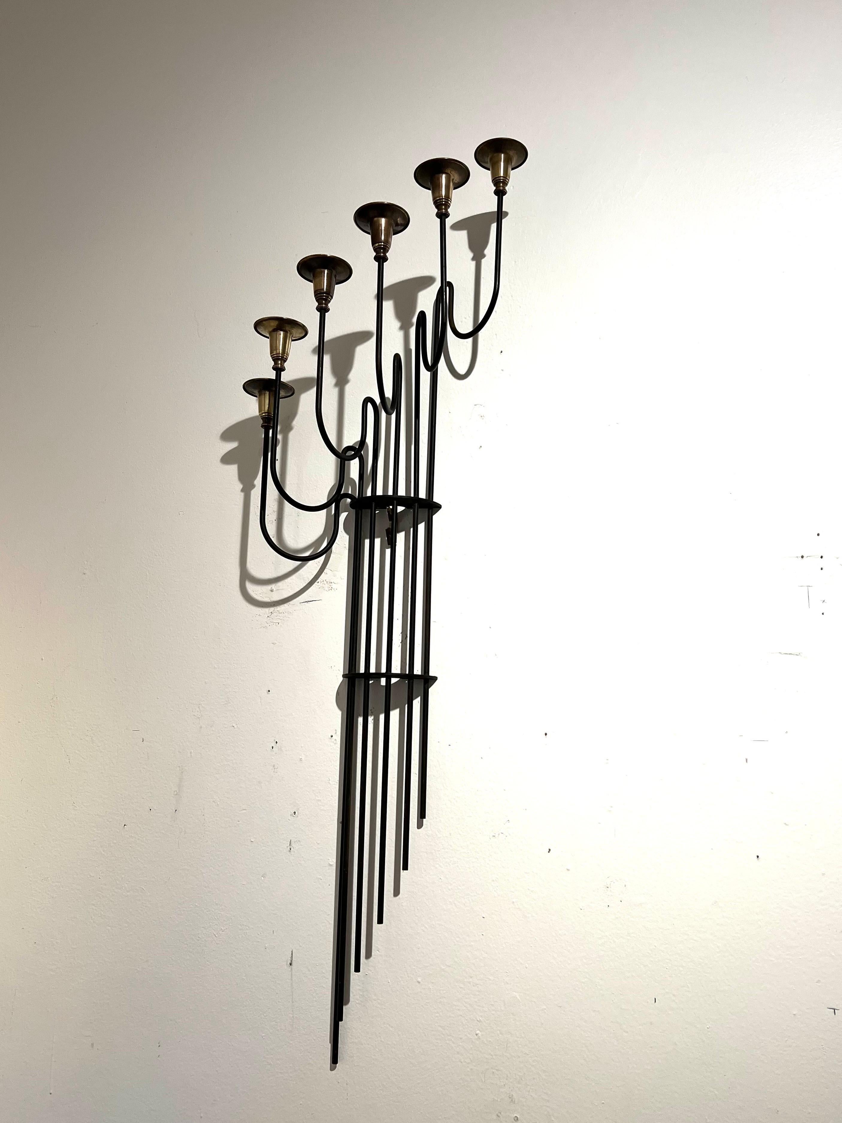 Danish Modern Swedish Tall Wall Brass & Iron Candle Sconce In Good Condition For Sale In San Diego, CA