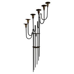 Danish Modern Swedish Tall Wall Brass & Iron Candle Sconce