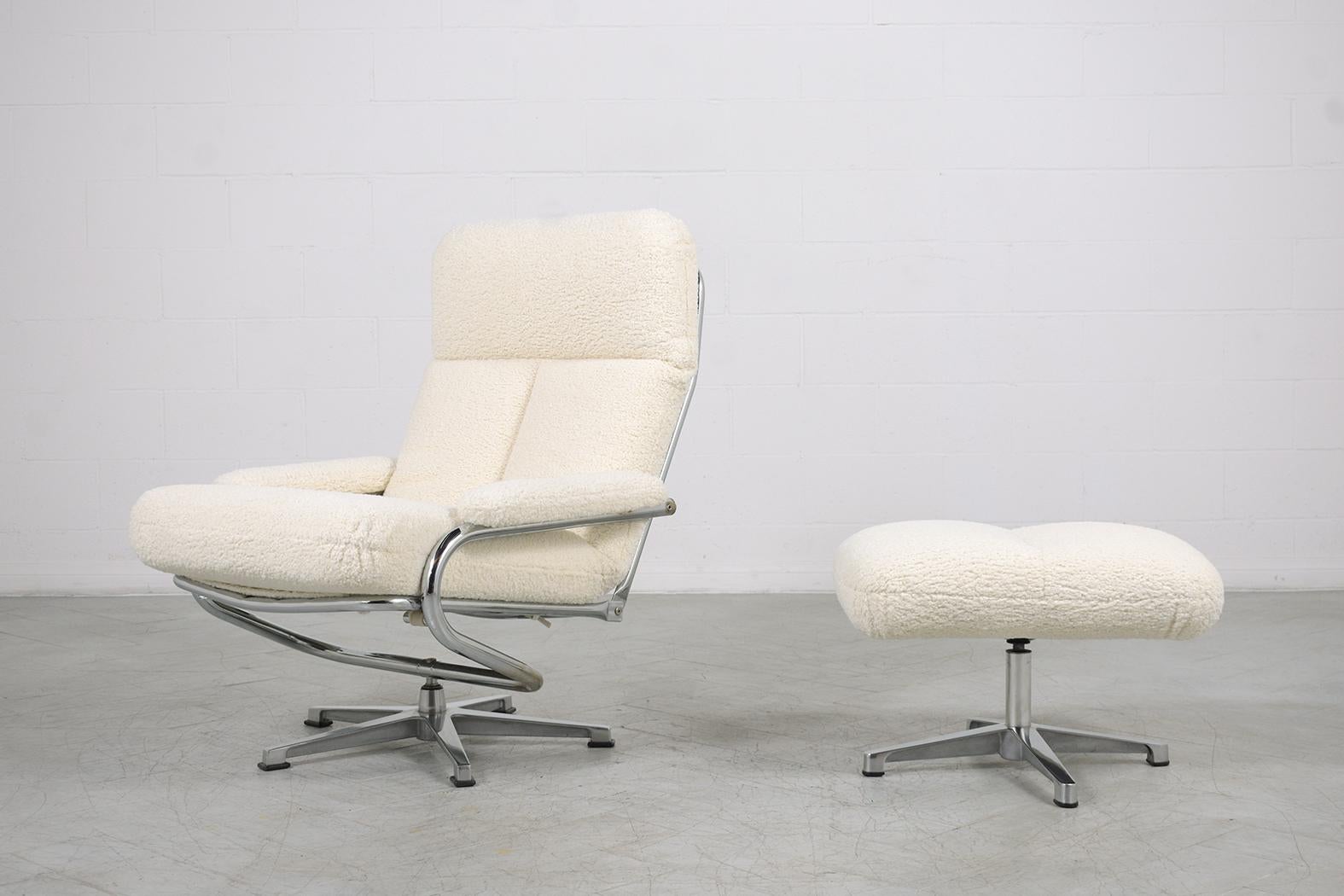 This extraordinary mid-century modern set of a recliner chair and an ottoman is in great condition the sleek frame chair is hand-crafted out of tubular steel and plated in chrome in good condition and has been newly cleaned and polished developing a