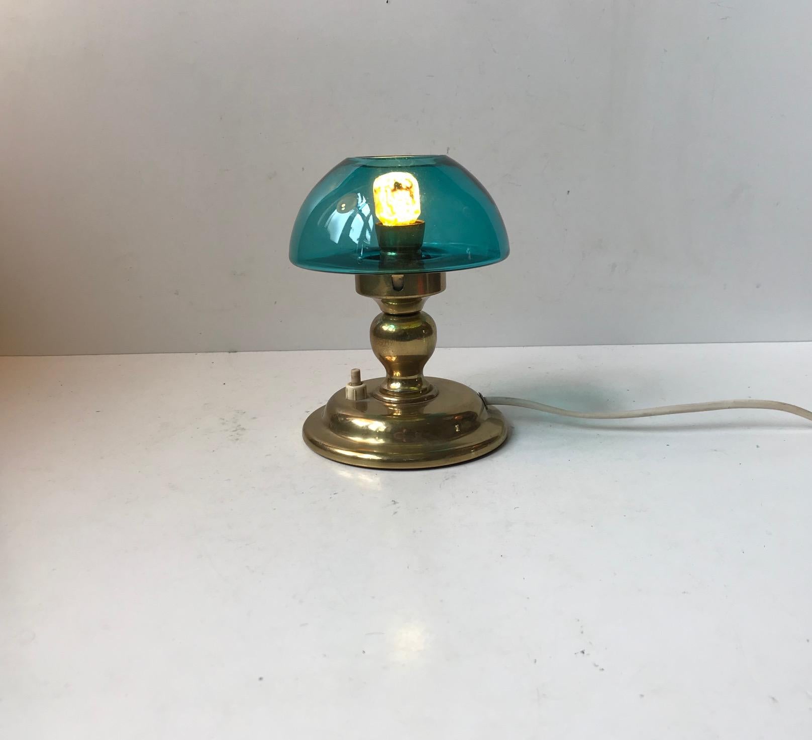Mid-Century Modern Danish Modern Table Lamp in Turquoise Glass and Brass from ABO, 1970s