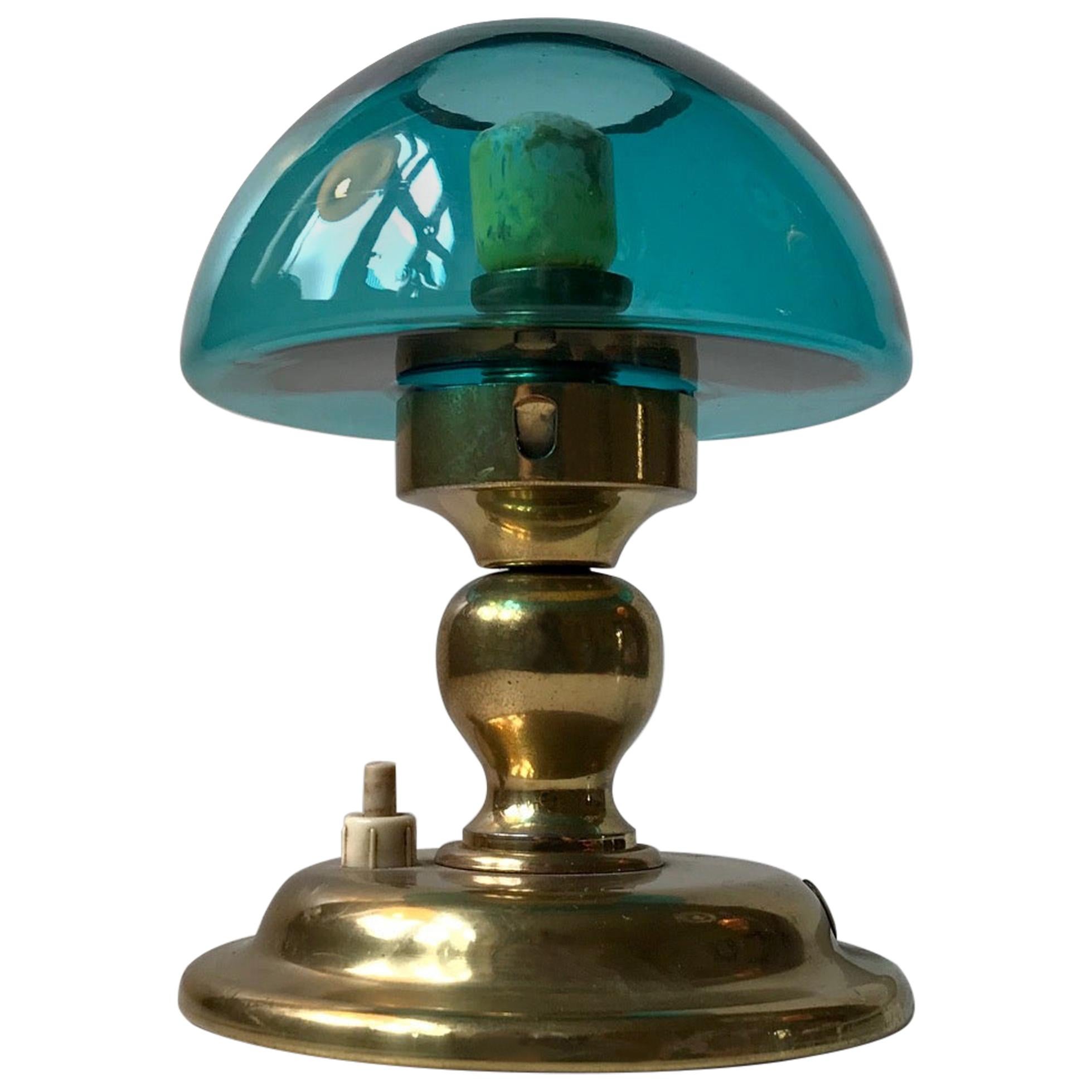 Danish Modern Table Lamp in Turquoise Glass and Brass from ABO, 1970s