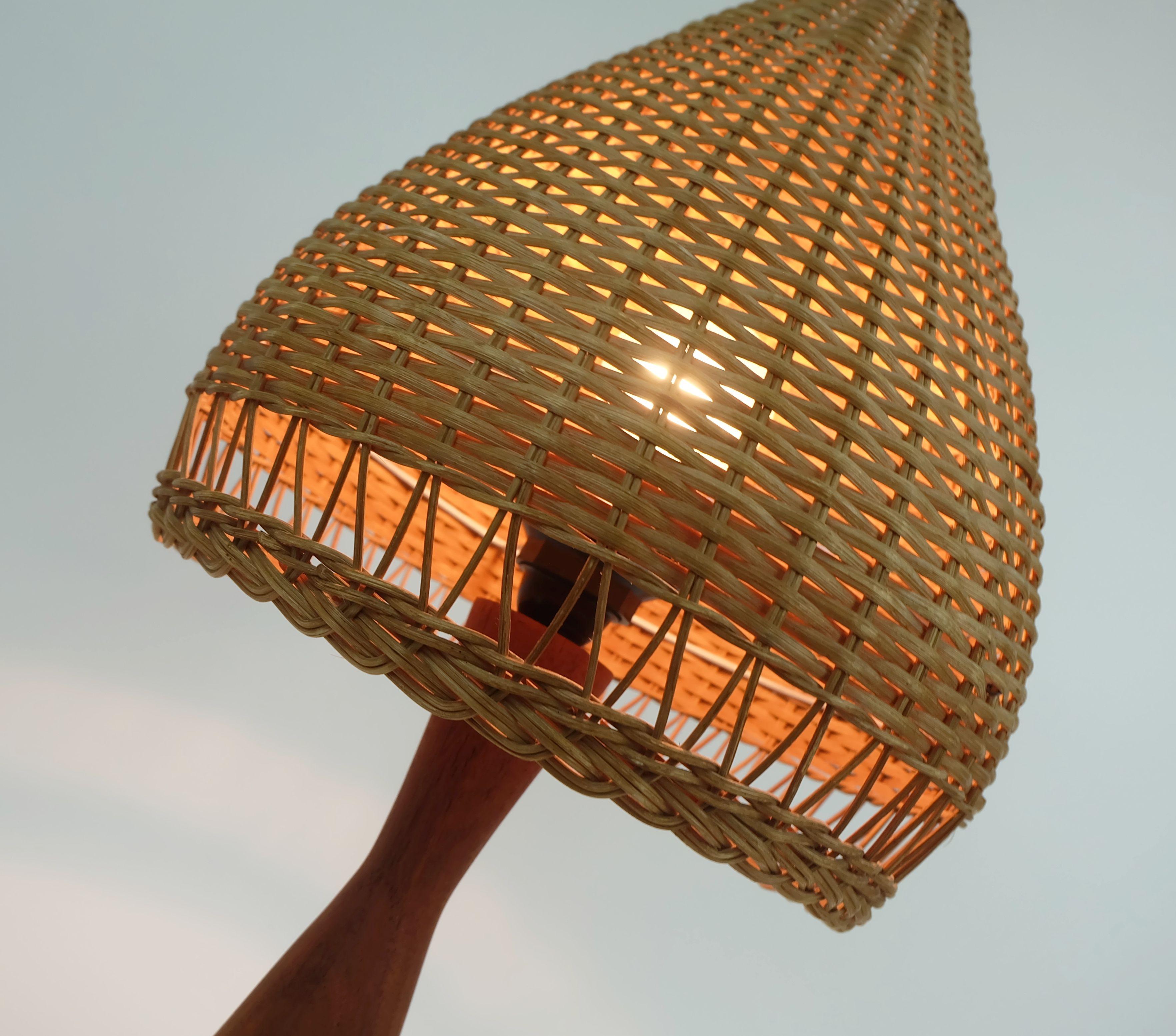 danish modern TABLE LAMP teak and rattan 1960s mid century wicker light For Sale 3