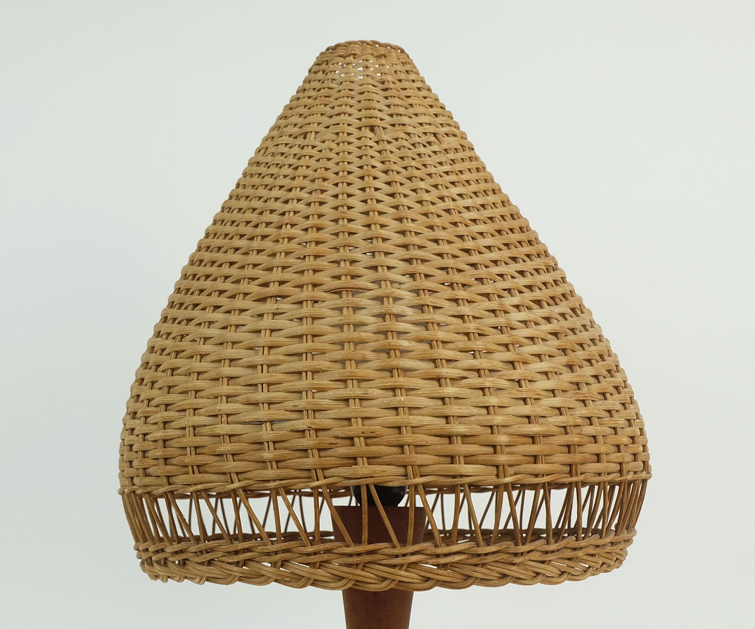 Scandinavian Modern danish modern TABLE LAMP teak and rattan 1960s mid century wicker light For Sale