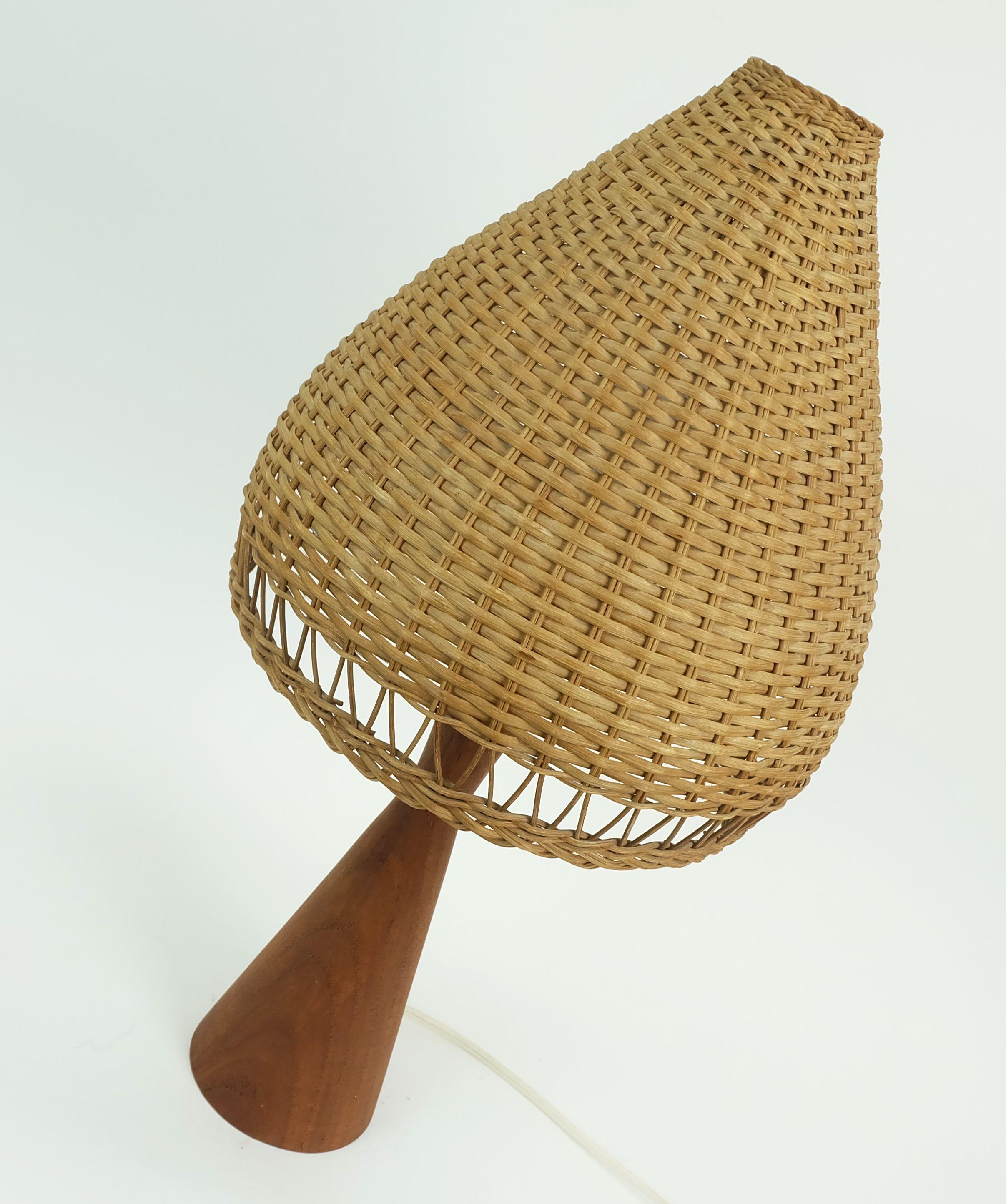 Danish danish modern TABLE LAMP teak and rattan 1960s mid century wicker light For Sale