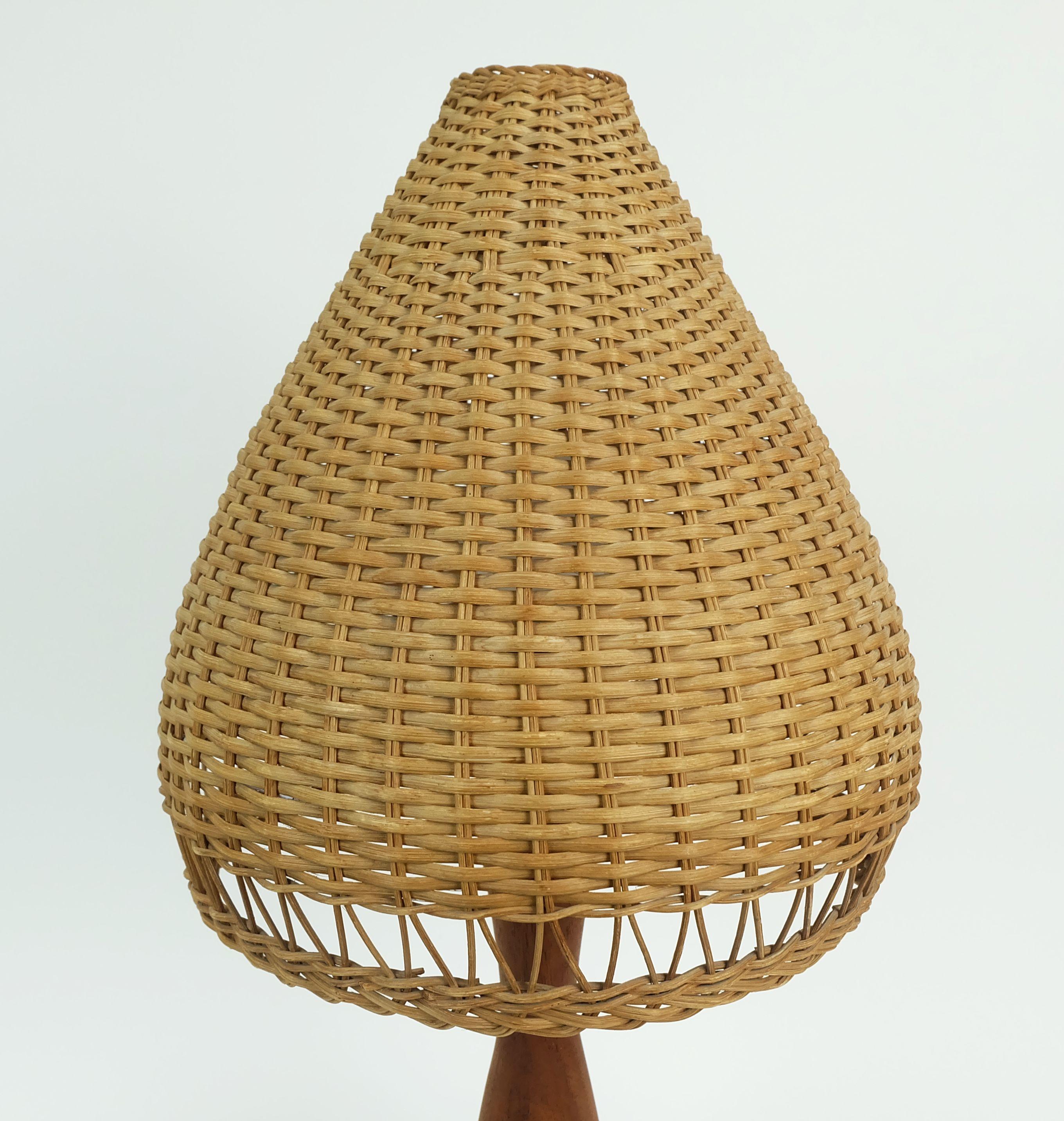 Mid-20th Century danish modern TABLE LAMP teak and rattan 1960s mid century wicker light For Sale
