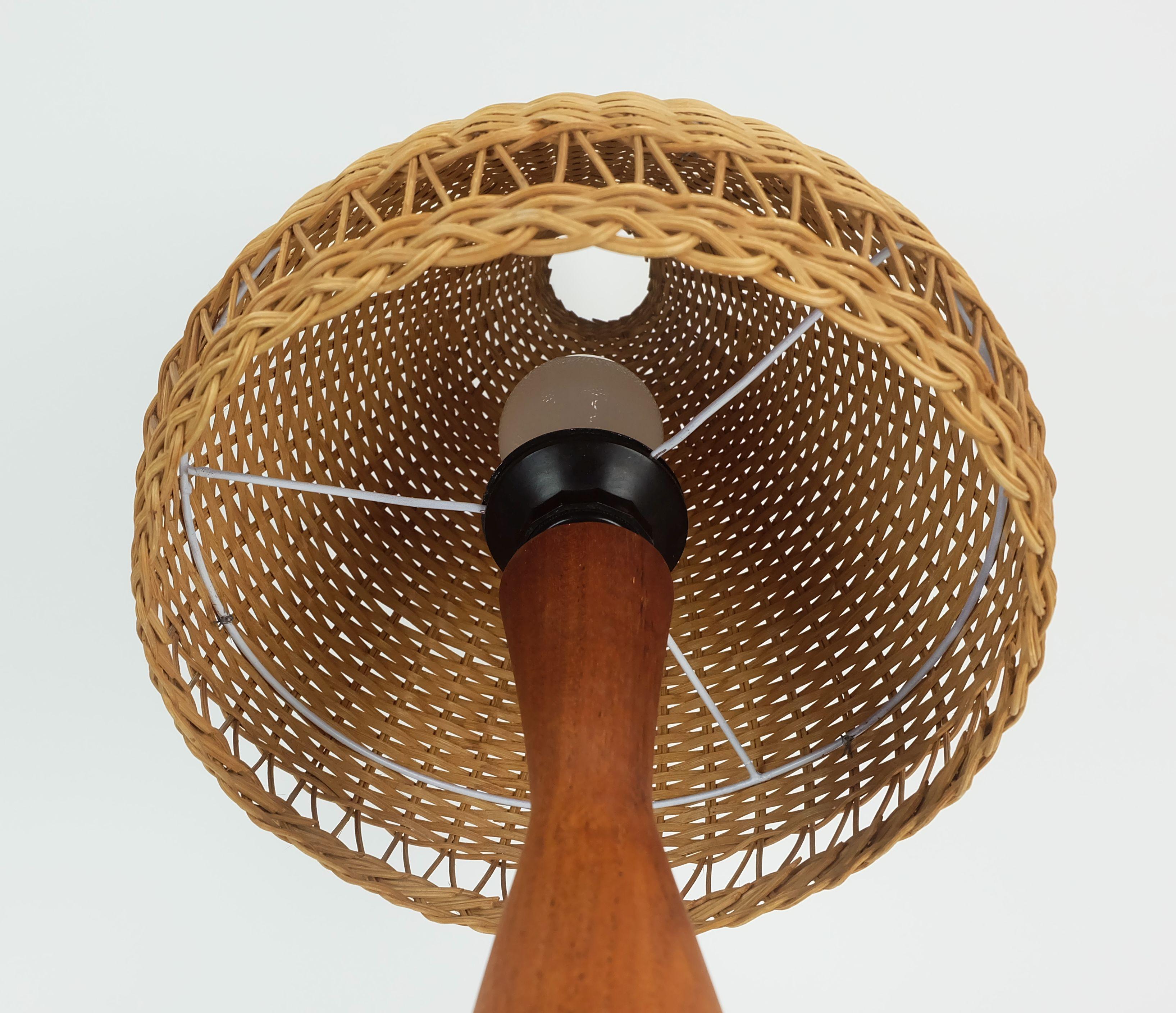 danish modern TABLE LAMP teak and rattan 1960s mid century wicker light For Sale 1