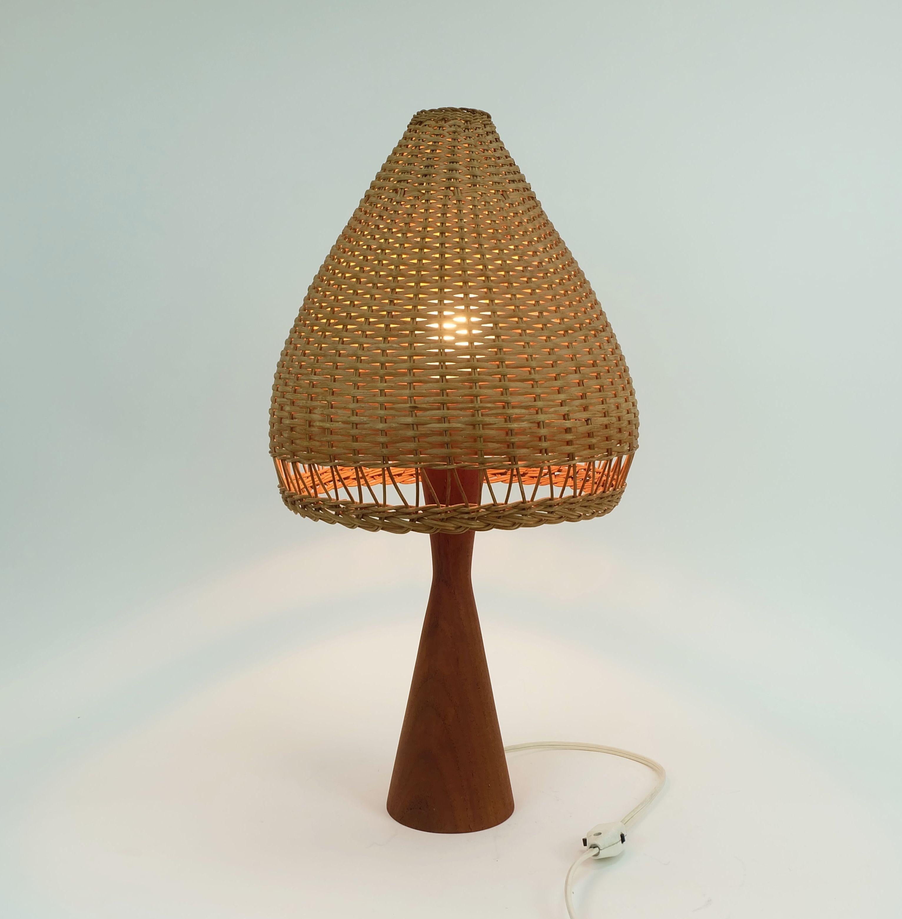 danish modern TABLE LAMP teak and rattan 1960s mid century wicker light For Sale 2