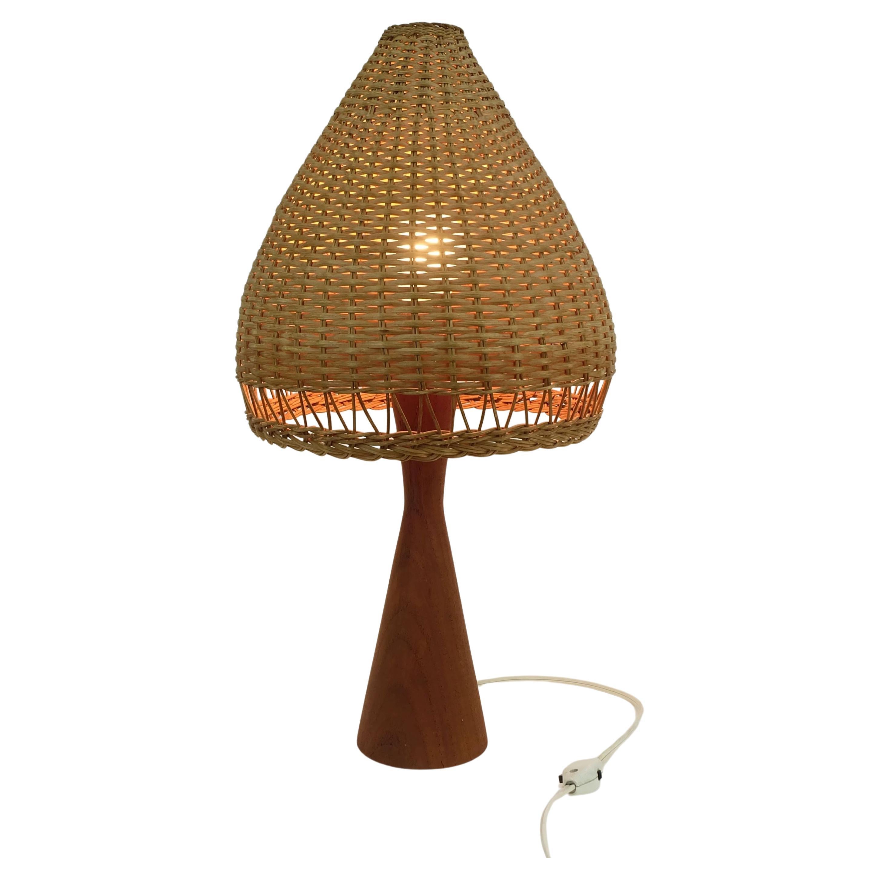 danish modern TABLE LAMP teak and rattan 1960s mid century wicker light For Sale