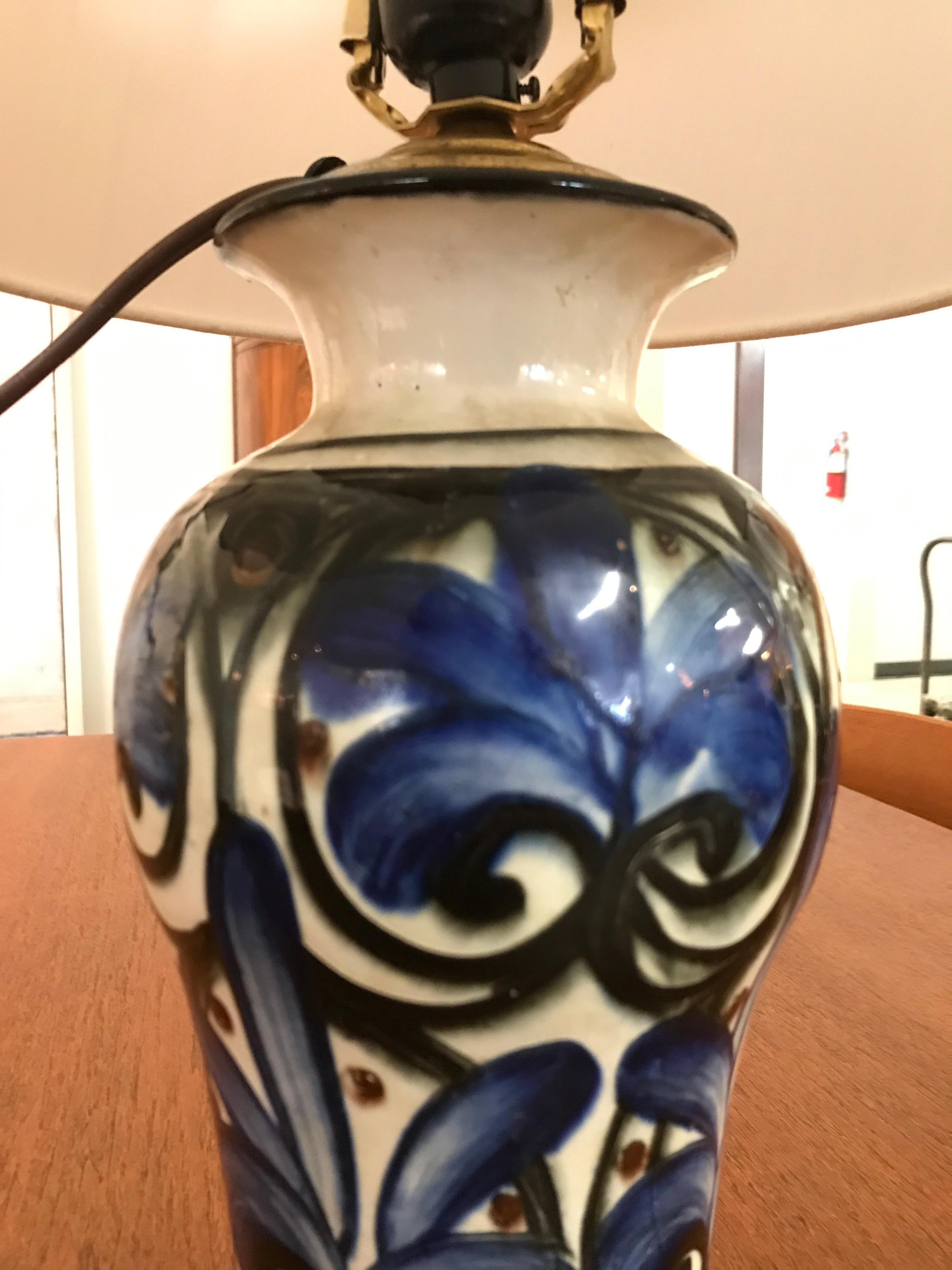Danish Modern Table Lamp with Hand Painted Floral Motif In Excellent Condition In Minneapolis, MN