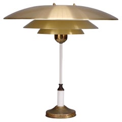 Danish Modern Table or Desk Lamp in Patinated Brass, White Lacquer, 1950s