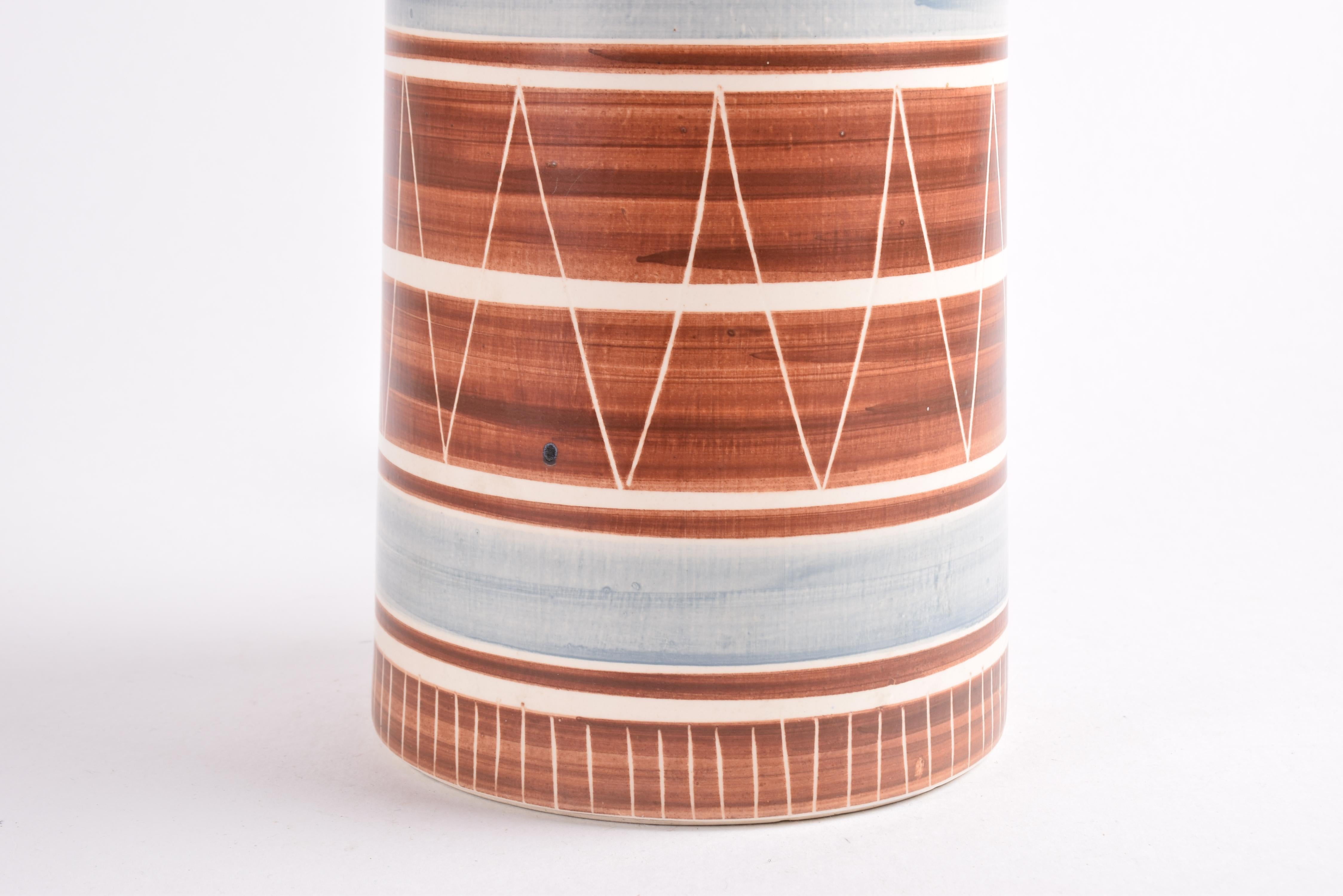 Mid-20th Century Danish Modern Tall Ceramic Table Lamp Brown Blue White Stripes by Mørkøv, 1960s For Sale