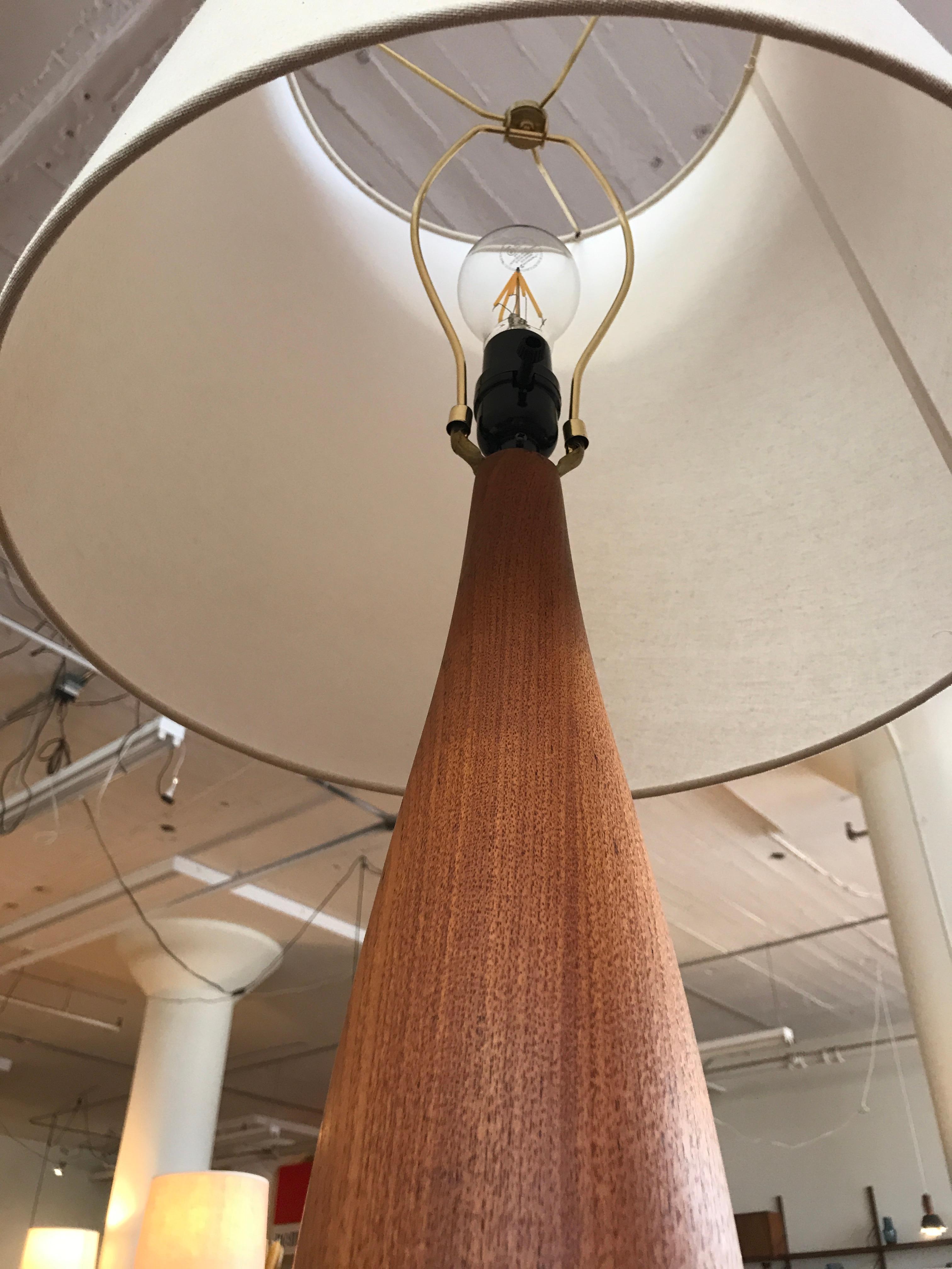 These elegant vintage original Danish Modern table lamps are made from solid old growth teak which has acquired a rich lustre with time. The slim lines and warm character will compliment any modernist environment. These lamps have been fully