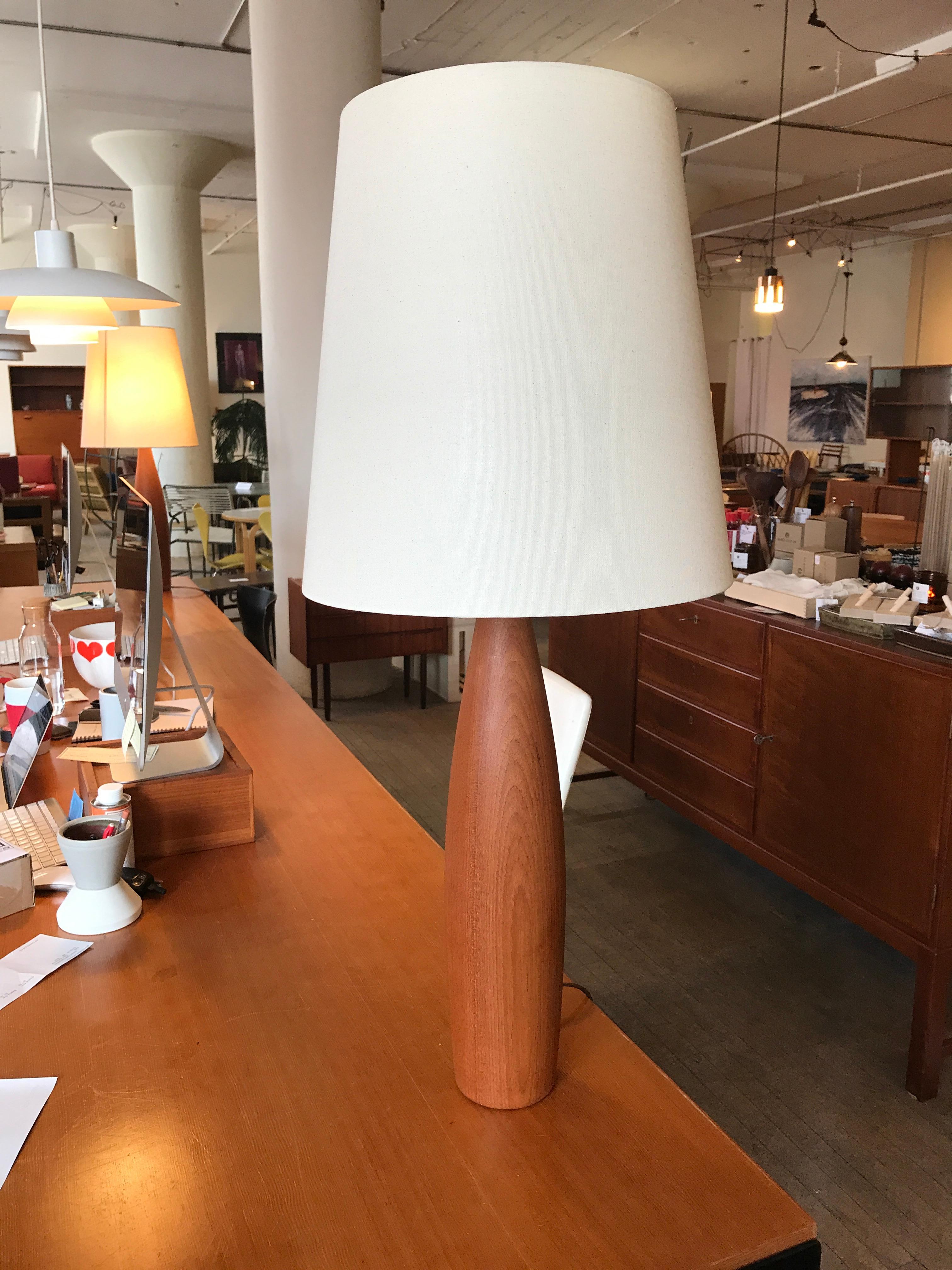 Oiled Danish Modern Tall Tapered Teak Table Lamps with Linen Shades